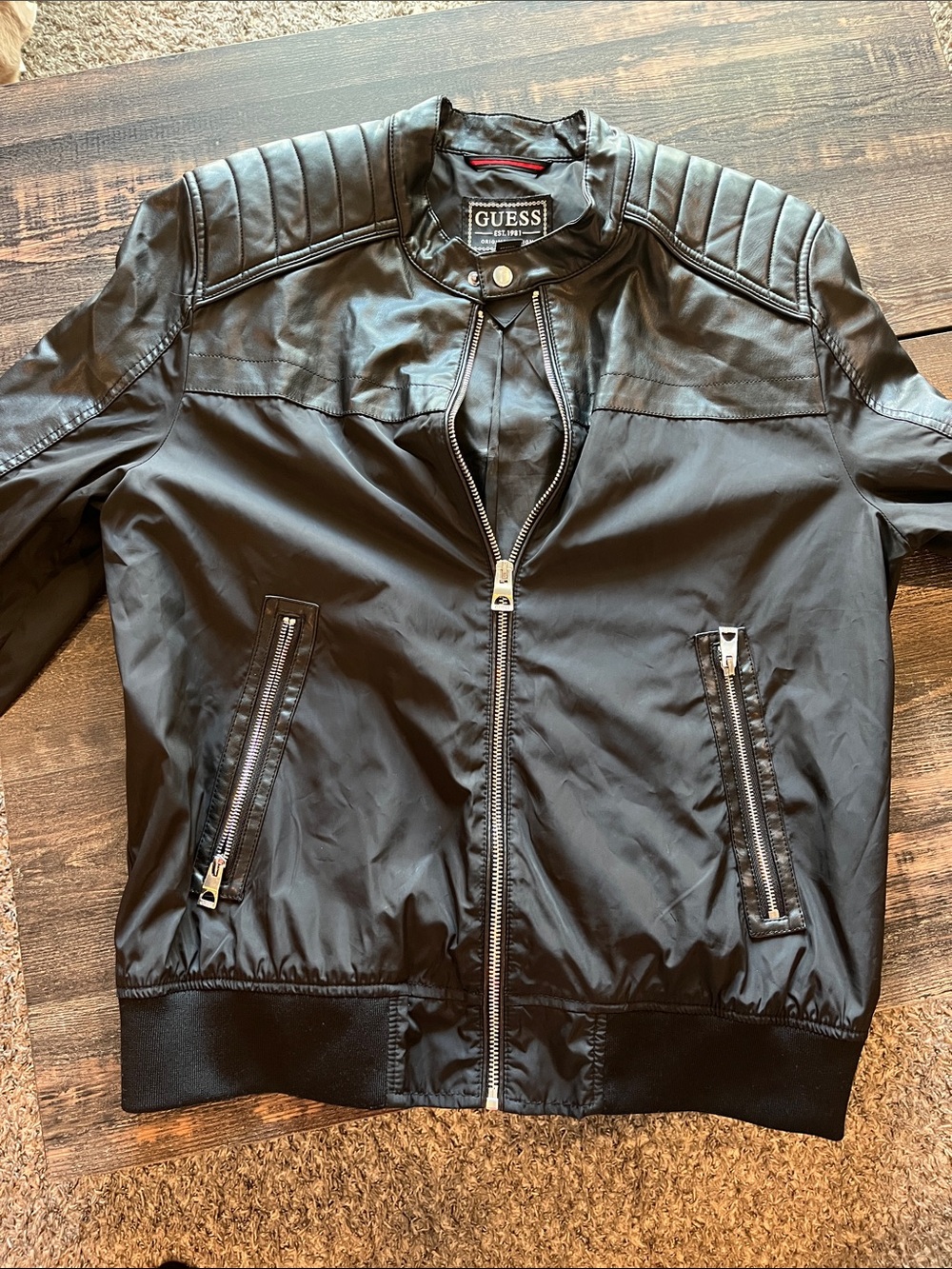 GUESS Black Quilted-Shoulder Biker Jacket